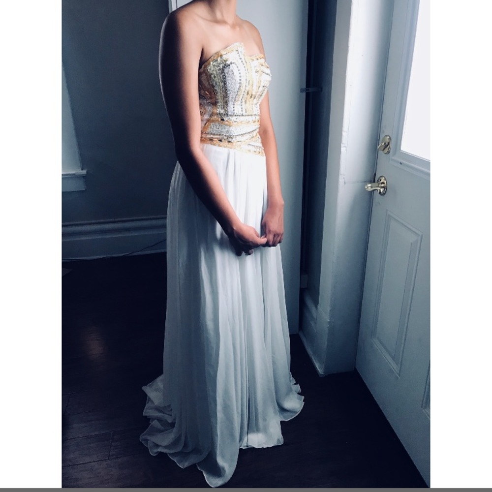 Terani Couture Gold sequin embellished prom dress